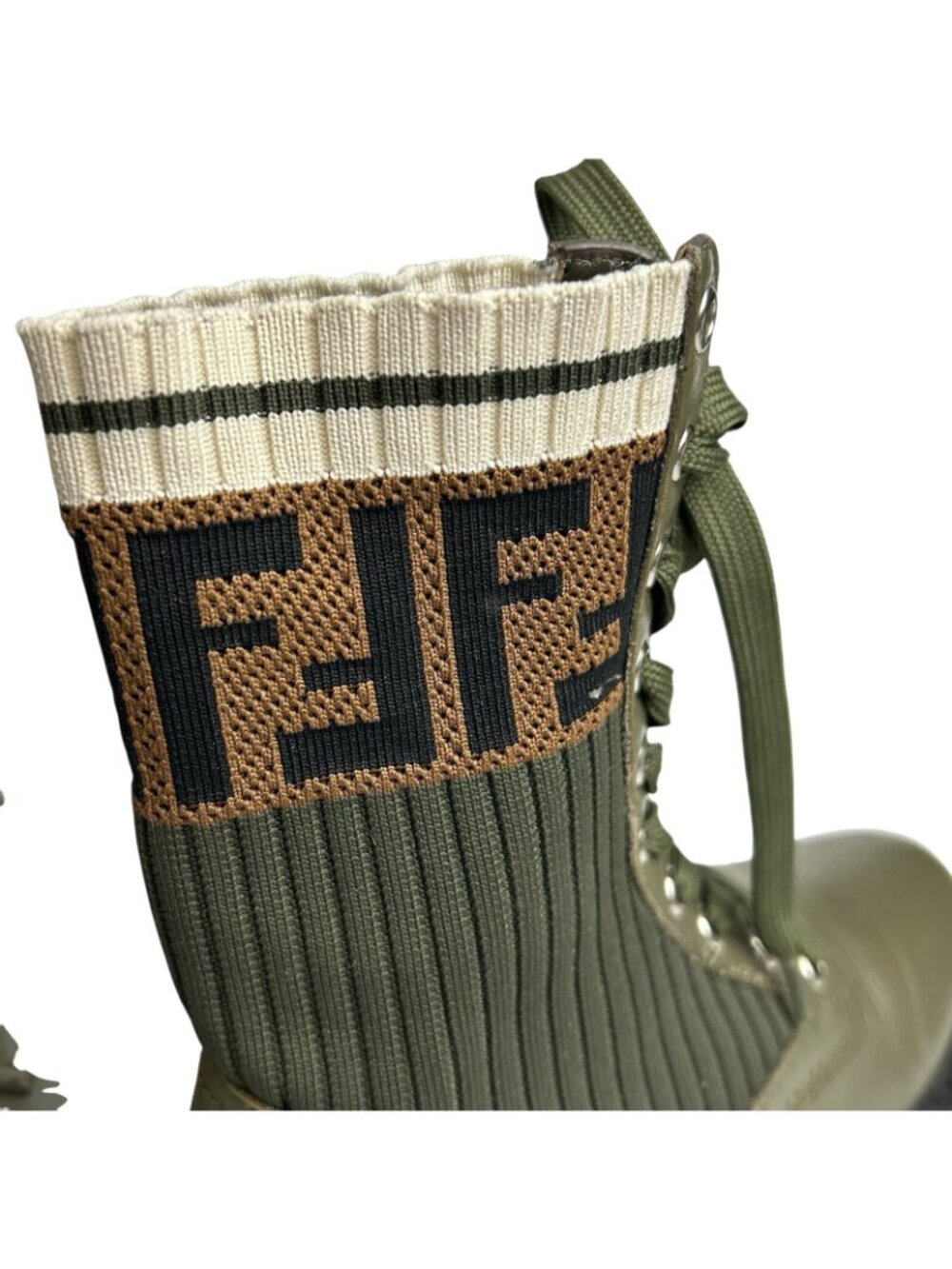 Fendi Rockoko Combat Green Leather Knit Boots Womens EU 37/US 7 Made In Italy - Picture 10 of 13